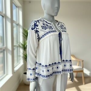 Boho Chic White and Blue Embroidered Blouse